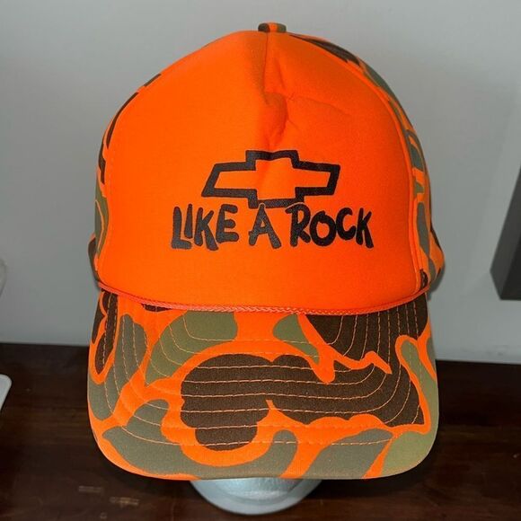 Rare Nissin Neon Orange Camouflage Camo Vintage Chevy Truck Hat Cap/Like A Rock - Picture 1 of 3